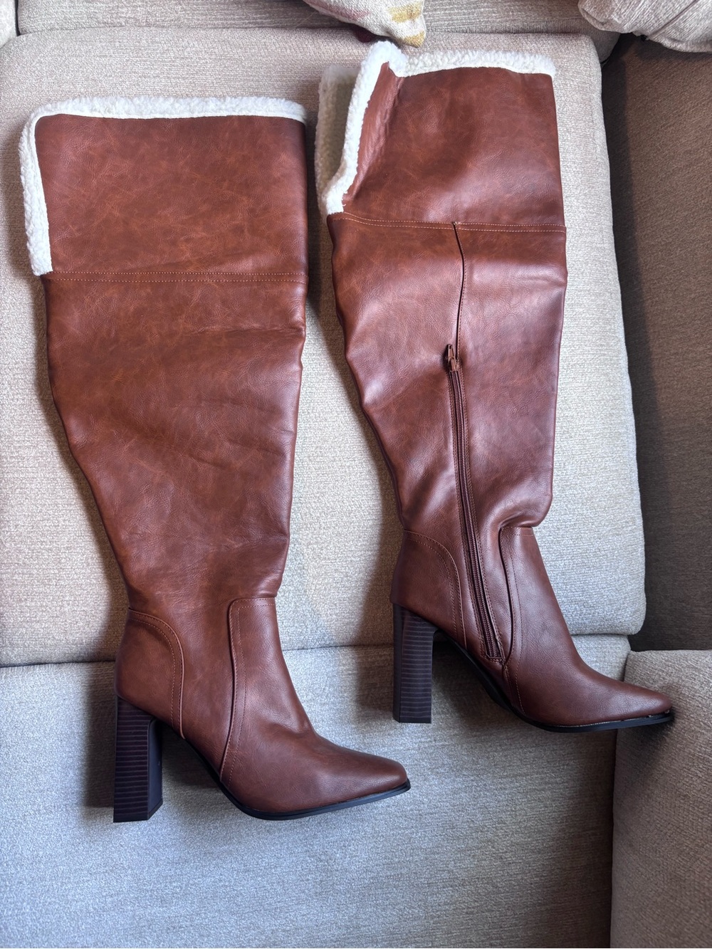 Brown Faux-Leather Tall Women's Heeled Boots with Shearling Collar